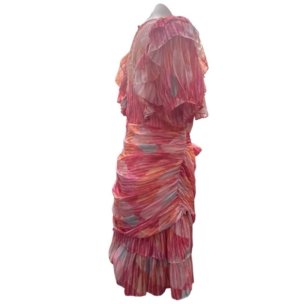 L’atiste Multicolor Ruffle Mini Dress Deep V Flutter Sleeve Ruched Colorful - Picture 9 of 15